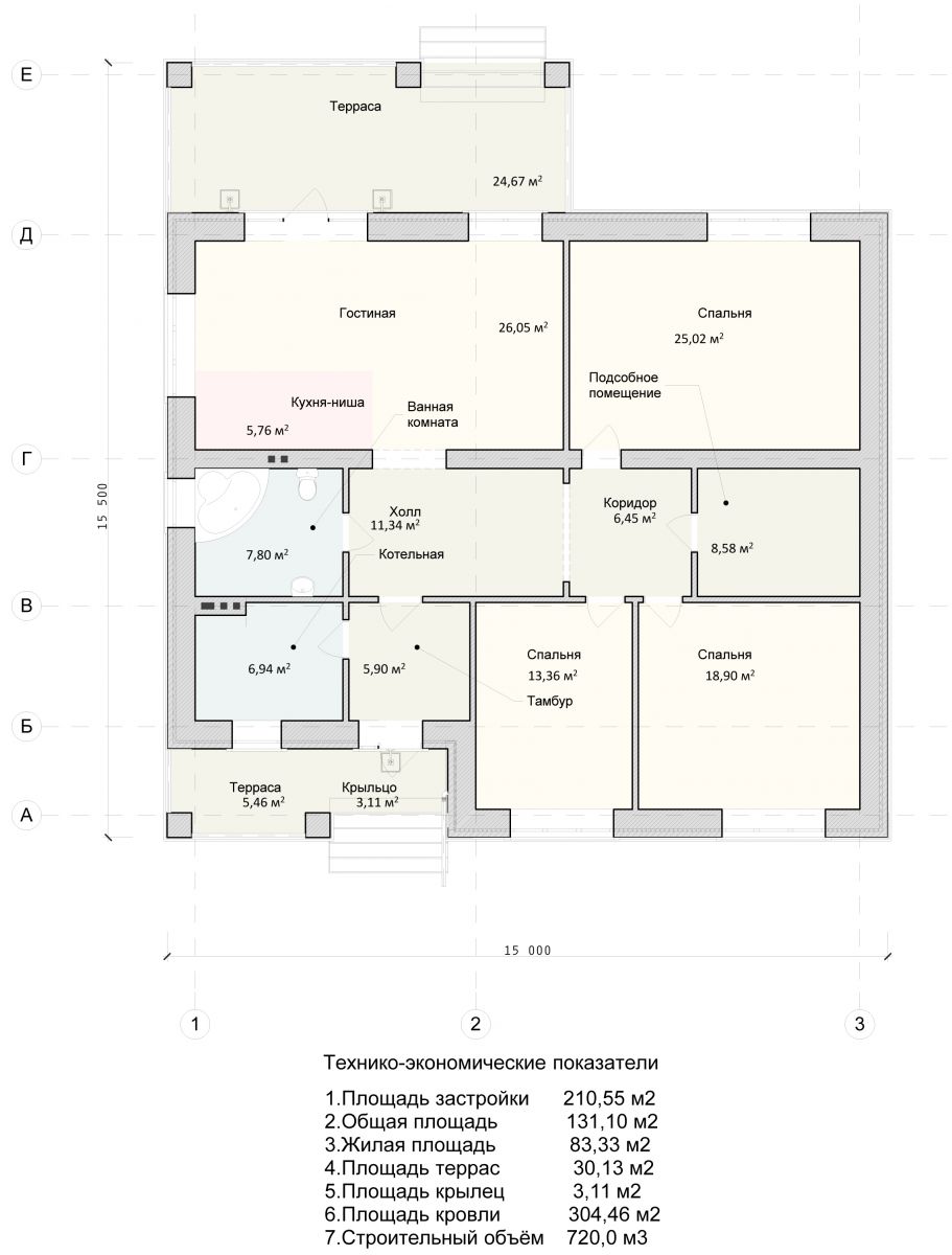 Планировка дома с 3 спальнями и кухней гостиной